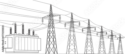 Electrical transmission system drawing, transformer and power line vector, high-voltage infrastructure illustration, black and white engineering graphic, energy distribution tower design