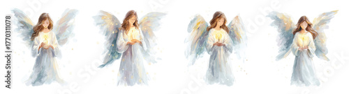 Watercolor set of heavenly angels. Christian and Catholic angel in white robe with white wings holding a candle. Angel woman praying with a candle. Symbol of religious heavenly deities.