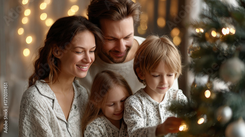 Warm and joyful family Christmas celebration with parents and kids enjoying festive holiday traditions in cozy home setting