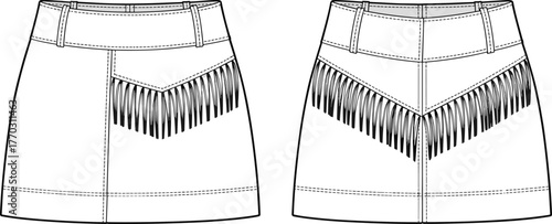 Fashion flat sketch of mini skirt with fringe detail, front and back view, stylish apparel vector design for women clothing template.