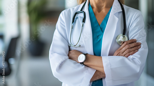 Fit doctor in white coat with stethoscope, arms confidently crossed, no face visible