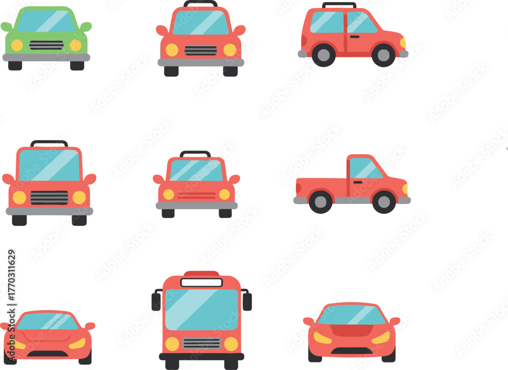 Naklejka premium Front View Simple Car and Vehicle Flat Icon Vector Set