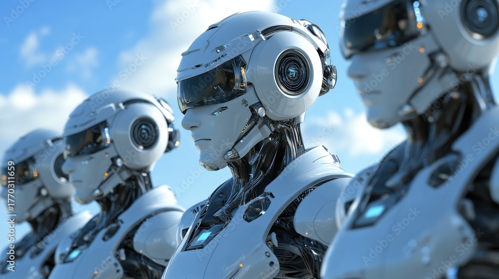 Fototapeta premium Futuristic Robots in a Row Against a Clear Blue Sky Background