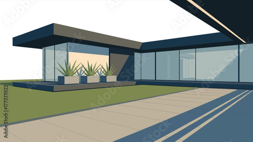 A modern house with large windows and plants in planters on a sunny day with a driveway outside it