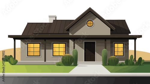 Illustration of a one story house with a brown roof and green lawn on a sunny day cartoon style