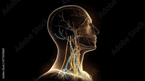 Intricate anatomical illustration of the human vagus nerve system in head and neck regions