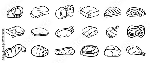 Meat Line Icon Set. Beef, Chicken, Pork Vector.