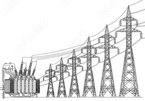 Electrical transmission system illustration, transformer and tower vector, high-voltage power line design, black and white engineering graphic, energy distribution infrastructure drawing
