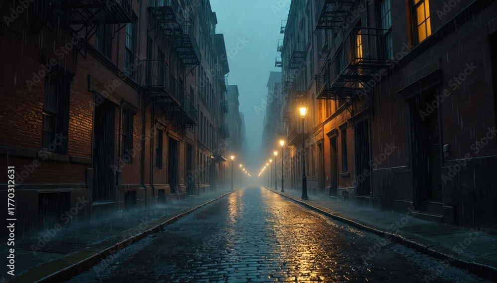 Fototapeta premium Rainy cityscape features wet streets buildings. Dark wet alley on night. Cinematic blue tone urban exploration. Moody scenic town view. Streets, buildings reflect light. Perfect for suspense mystery