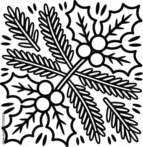 Christmas plant leaf, flower set. Hand drawn doodle sketch holly floral, christmas tree leaves, winter branch elements. Holiday decoration, rustic wreath sketch doodle. Vector illustration.
