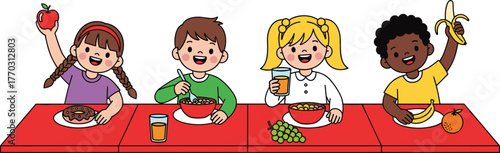 Cartoon children eating breakfast with fruits, cereal, juice, diverse characters, healthy food theme, morning meal vector illustration for kids