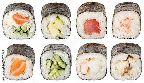 Set of classic sushi rolls. Maki type sushi rolls (nori, cucumber, avocado, tuna, salmon, shrimp, crab, eel fish) isolated on white background