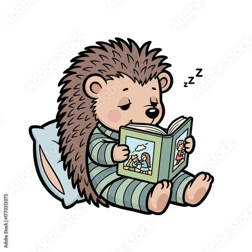 Vector Illustration of Hedgehog Reading a Book and Falling Asleep in Striped Pajamas