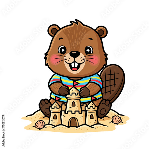 Vector Illustration of Beaver Building Majestic Sandcastle on the Beach, Summer Vacation.