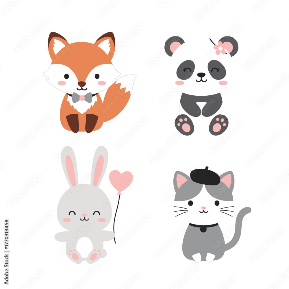 Fototapeta premium Charming cartoon animal characters perfect for kids designs, featuring a fox, panda, rabbit, and cat in a playful and endearing style