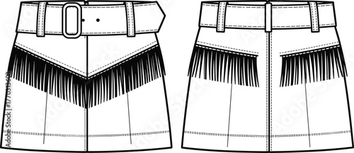 High-waisted skirt technical fashion sketch with fringe detail, belt buckle, seam lines, front and back views for apparel design