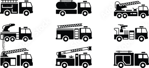 fire truck vector illustration, emergency rescue vehicle silhouettes, firefighter equipment icons set, ladder truck, water tanker, fire engine design, emergency 