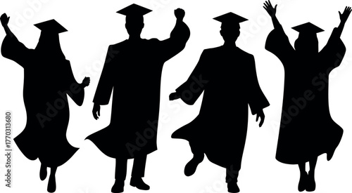 Graduates celebrating graduation day in cap and gown silhouette illustration