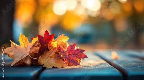 Autumn Leaves Displayed on Rustic Wooden Surface in Soft Light