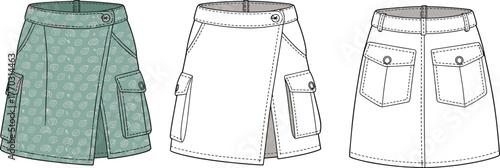 Utility skirt technical fashion sketch with cargo pockets, button closure, front slit, back patch pockets, flat views and patterned version