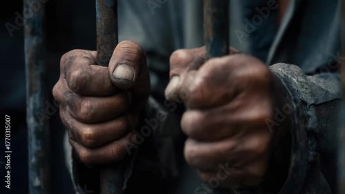 Close-up of weathered hands tightly gripping metal prison bars.