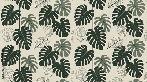 A repeat pattern of monstera and other leaves in shades of green and white on a beige background