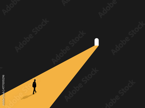 People walk towards the bright door