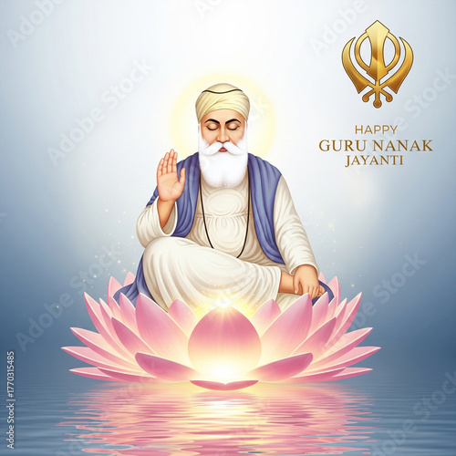 Happy Guru Nanak Jayanti Greeting with Guru Nanak Dev Ji and Golden Khanda Symbol
