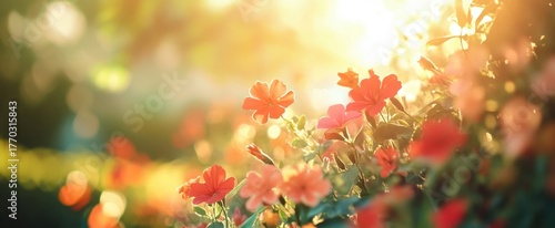 Vibrant Blooming Garden at Sunrise with Gentle Sunlight Filtering