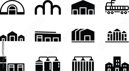 Industrial building icons, factory symbols, warehouse silhouettes, manufacturing plant signs, production facilities, power station graphics, logistic storage icons, 