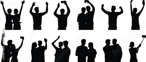 Silhouette of people taking selfies, couple and friends posing, social media concept, communication and connection illustration, black vector figures, modern lifestyle design, friendship