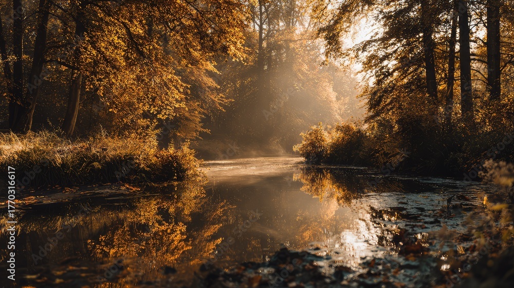 Obraz premium Serene Autumn Scene with Golden Leaves and Tranquil Water Reflections in a Peaceful Forest Landscape Surrounded by Warm Sunlight and Misty Atmosphere