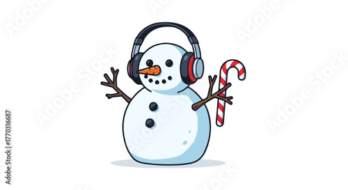 Festive Snowman Merry Christmas Celebration with Headphones and Candy Cane, Enjoying Holiday Music.