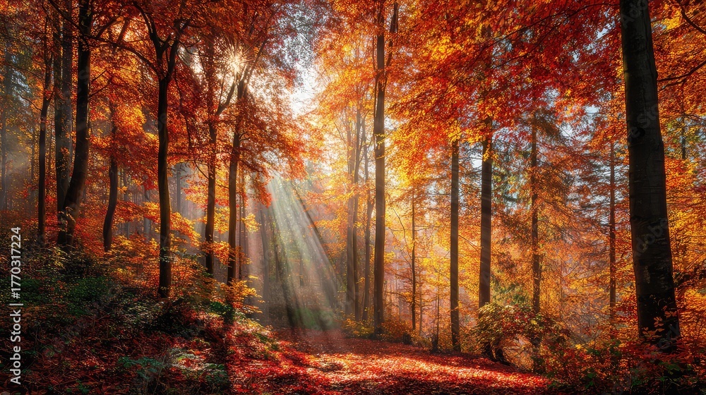 Obraz premium Enchanting Autumn Forest with Sunlight Streaming Through Colorful Leaves, Capturing the Peace and Tranquility of Nature in Vibrant Fall Colors