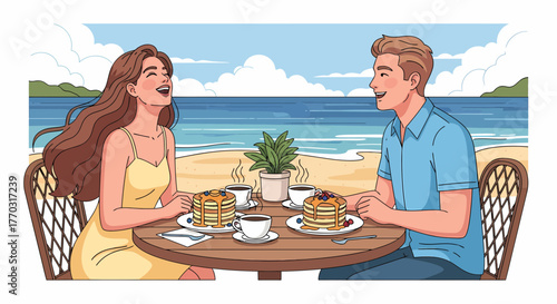 Couple Enjoying Pancakes And Coffee At Beachside Restaurant Vacation
