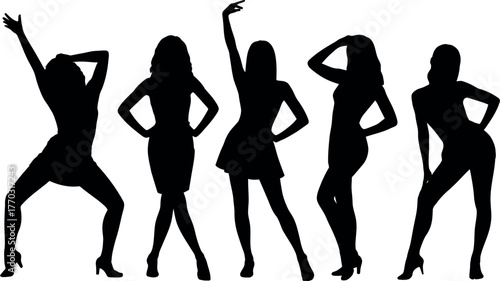 Silhouette of five stylish women posing in various elegant poses