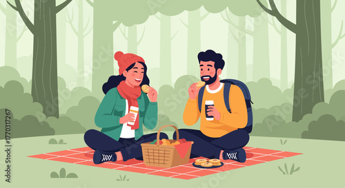 Couple Enjoying Cozy Picnic In Forest On Blanket With Treats