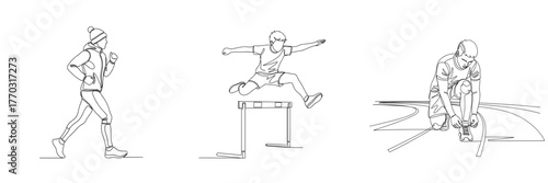 Athlete running, jumping over hurdle, and preparing on track  