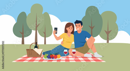 Couple Enjoying Picnic Under Trees And Taking A Selfie Outdoors