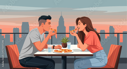 Couple Enjoying Pizza With City Views On Restaurant Rooftop