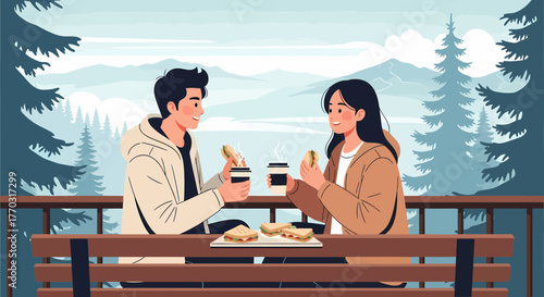 Couple Enjoying Sandwiches And Coffee On A Mountain Balcony Bench