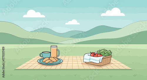 Delightful Cartoon Picnic Scene With Food And Rolling Hills