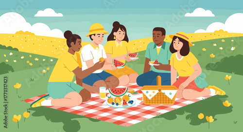 Diverse Friends Enjoying Summer Picnic In Nature With Watermelon