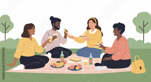 Diverse Friends Enjoying Picnic With Sandwiches And Drinks Outdoors