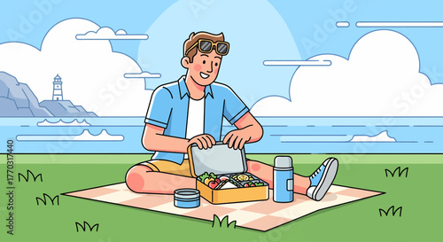 Enjoying Healthy Lunch Outdoors, Happy Young Man at Summer Picnic