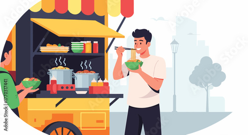 Enjoying Delicious Street Food Noodles From A Mobile Vendor Cart