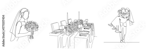 Minimal line art of bride holding bouquet and wedding table setting  