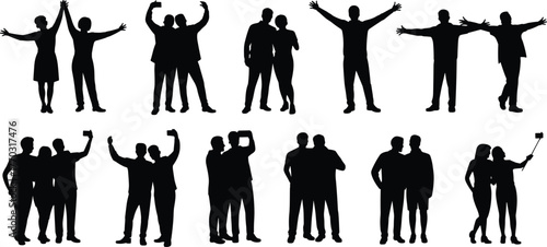 Silhouette of people, group of friends, couples taking selfies, teamwork concept, friendship illustration, human figures posing, communication and relationship symbol, black vector design, unity