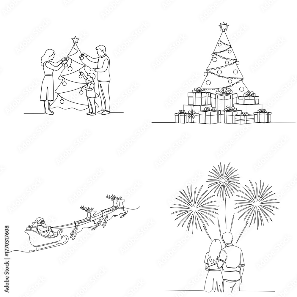 Fototapeta premium Families celebrating Christmas with tree decorating and fireworks 