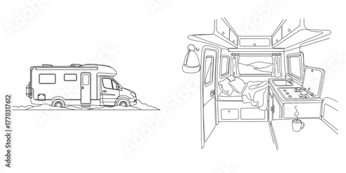 Camper van interior and exterior design in minimalist line art style  